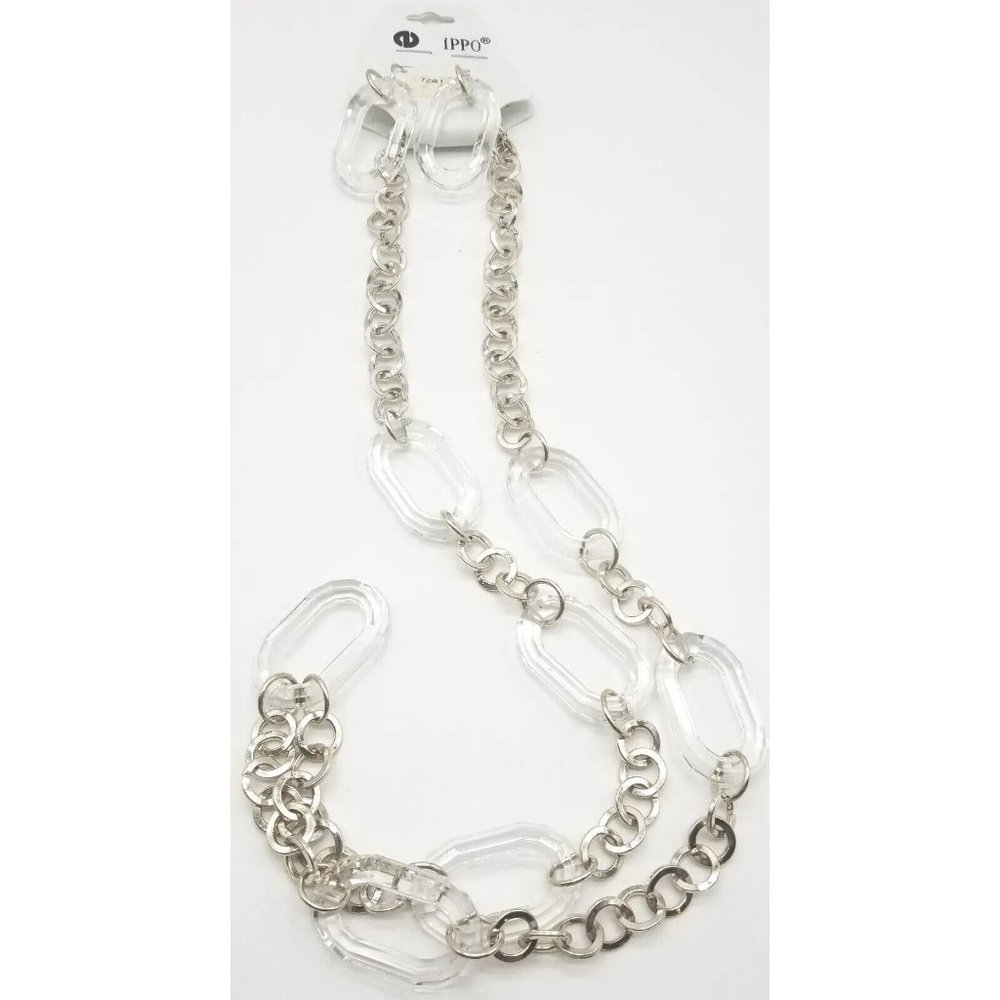 Ippo Acrylic Link Silver Tone Chain Long Necklace Earring Set